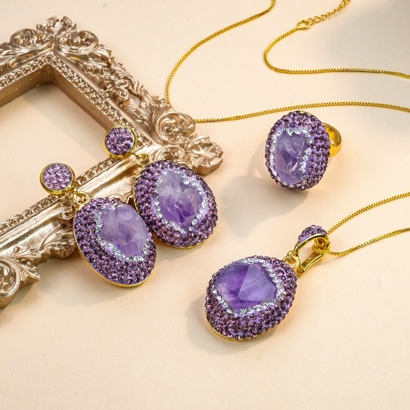 [Best Selling in Store] Natural Brazilian Amethyst Rough Stone Jewelry Set Clay Inlaid Jewelry Medieval Original