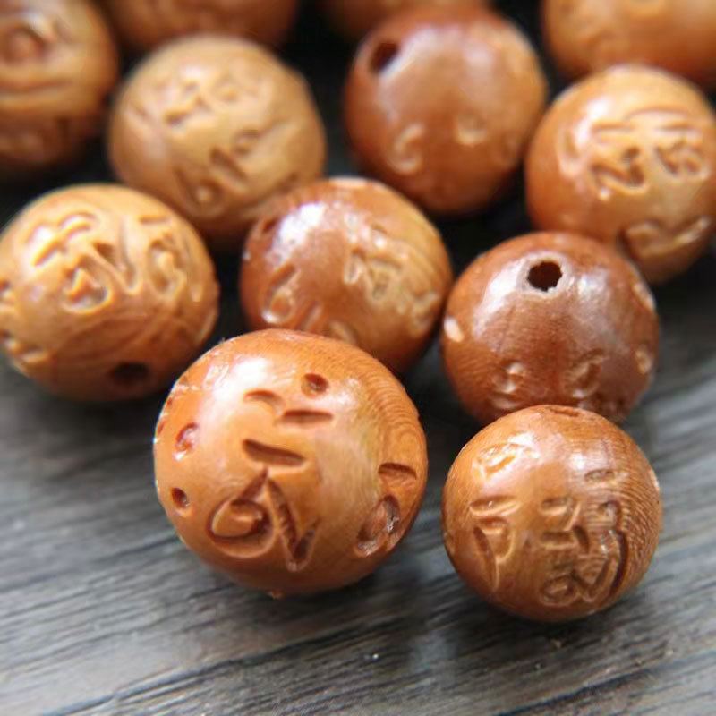 Wholesale wood carving accessories peach wood six words mantra beads couple accessories bracelet pendant diy jewelry accessories
