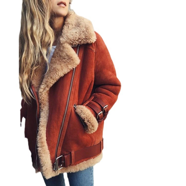 Cross-Border Spot Women's Clothing Amazon Motorcycle Deerskin Lambswool Coat Women's Fur Cotton Coat Women's Cotton Coat