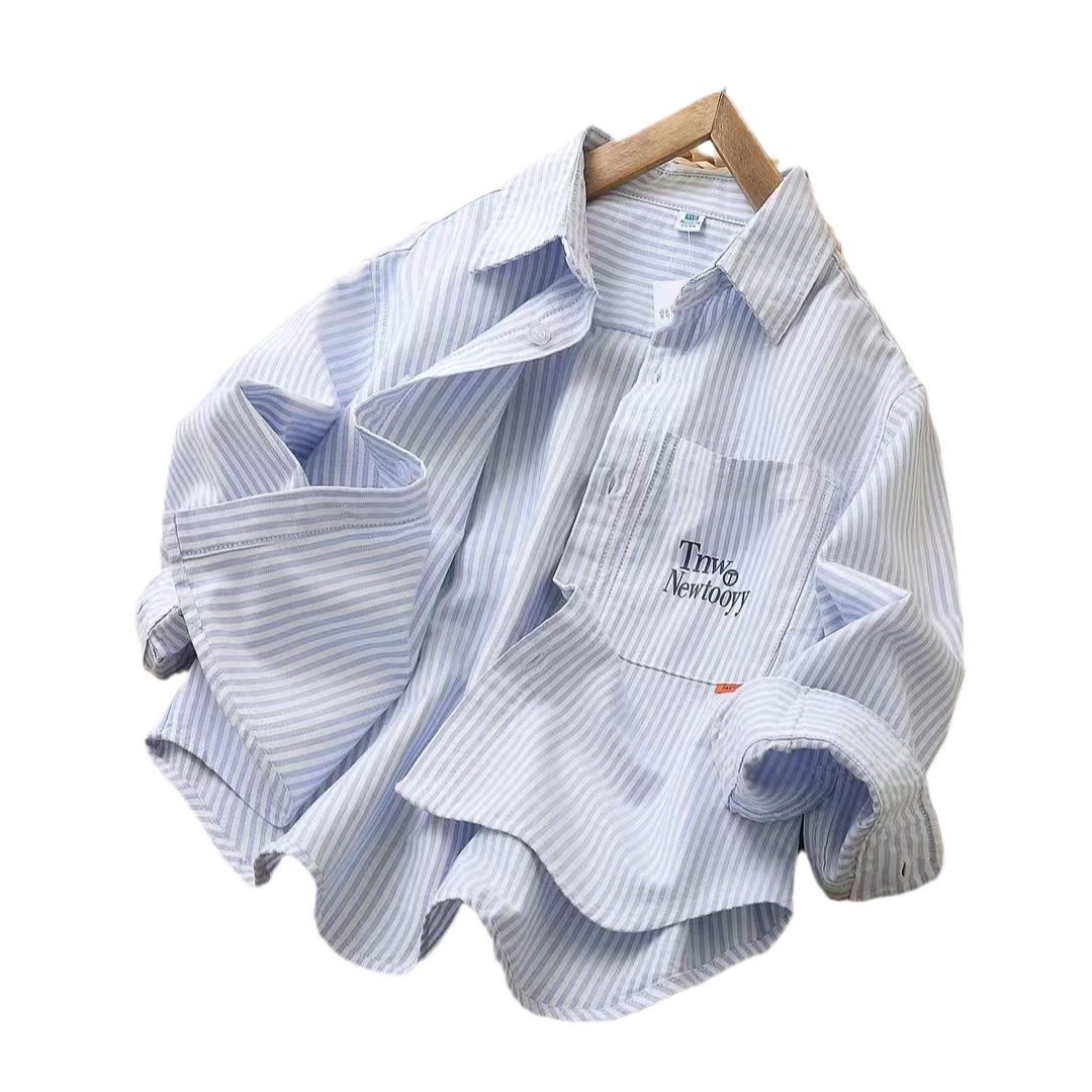 Boys' Cotton Shirt 2024 Spring and Autumn New Children's Handsome Striped Shirt Korean Style Middle and Large Children's Long Sleeve Outer Wear