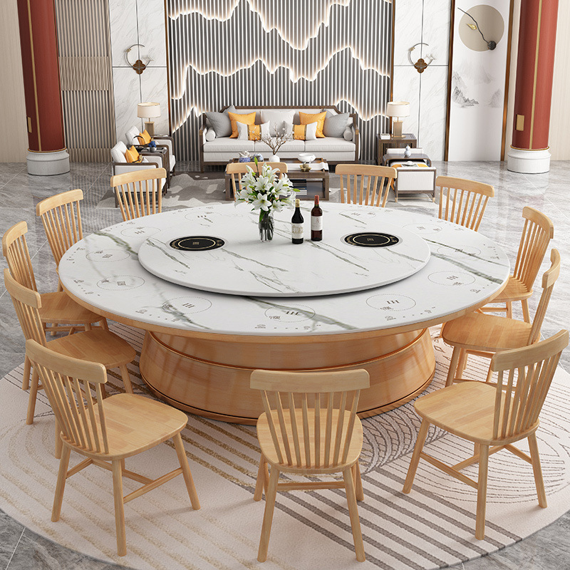 Slate Large Round Table Hot Pot Restaurant Table Hotel Commercial Electric Turntable Modern Simple Private Dining Table Restaurant Table and Chairs