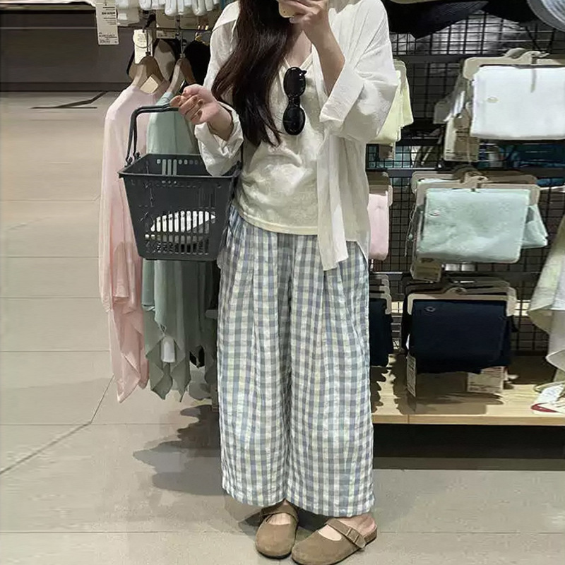 This year's popular plat pants cotton and linen wide legs chubby girl small belly covering hip width baby blue pants summer