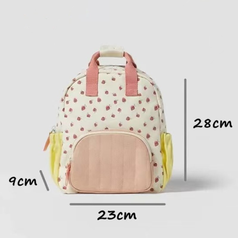 New Cotton Canvas Dopamine Strawberry Print Colorblock Cute Children Backpack Schoolbag