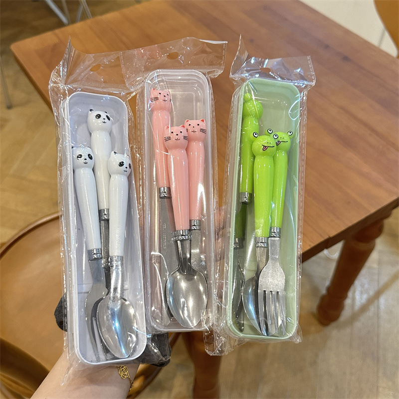 Креативные портативные столовые приборы из нержавеющей стали, набор на 3 предмета с мультяшной ручкой, подарок для студентов