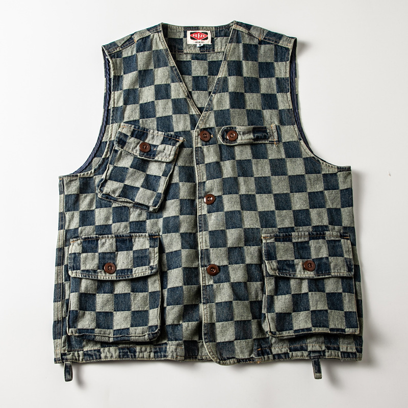 Japanese-Style Multi-Pocket Vintage Denim Motorcycle Washed Distressed Plaid Denim Work Vest Men's Loose Vest Jacket