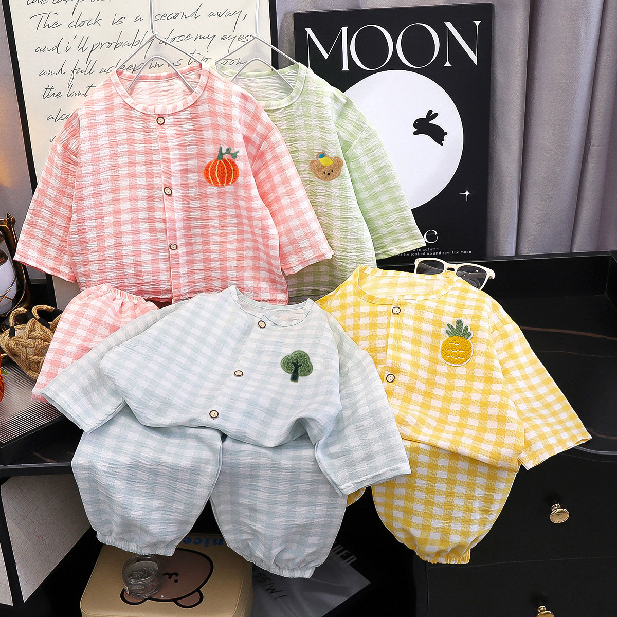 Children's Pajamas Top Pants Spring and Autumn Two-piece Set Boys and Girls Cloud Cotton Summer Cardigan Cartoon Home Clothes suit
