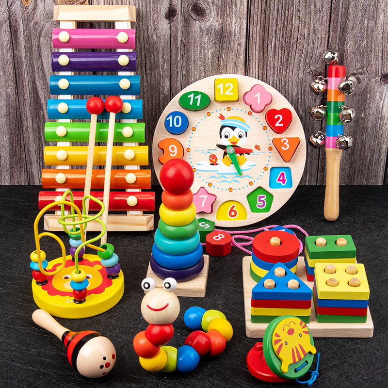 Early education educational building blocks wooden toys for infants and children round beads xylophone preschool education musical instruments nine-piece set cross-border wholesale