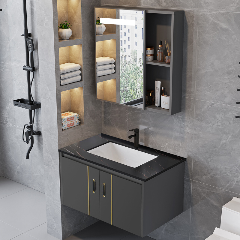 Легкий роскошный нордический алюминиевый шкаф, интегрированная керамическая раковина