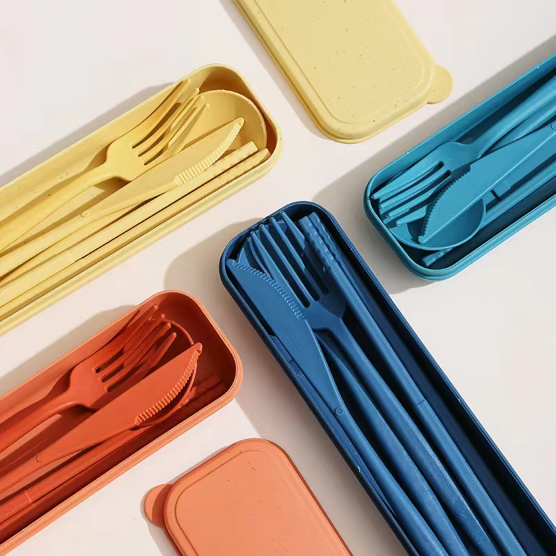 Four-piece set of wheat straw knife, fork, spoon and chopsticks Portuguese tableware outdoor fruit fork portable meal factory direct sales