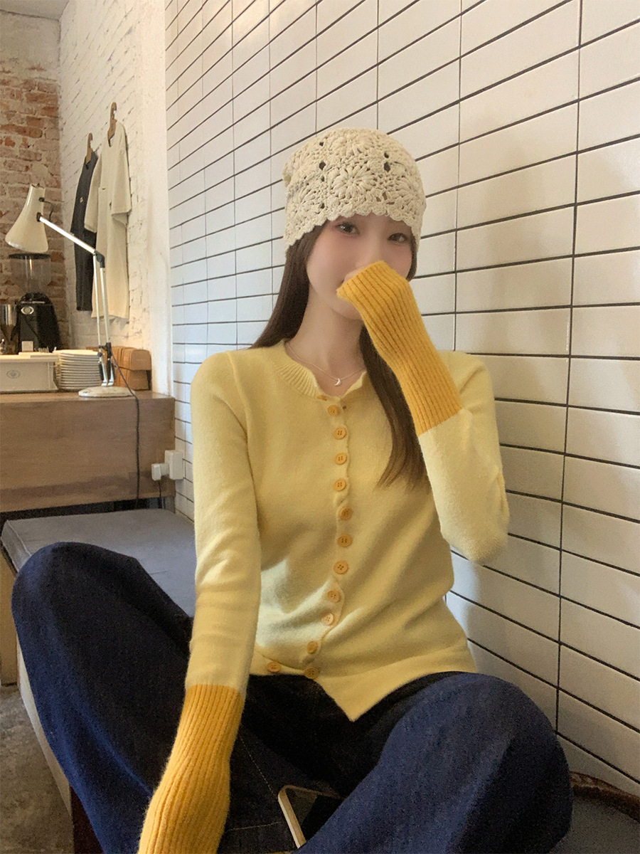 Кардиган желтого цвета, вязаный, осень-зима, облегающий, длинный рукав