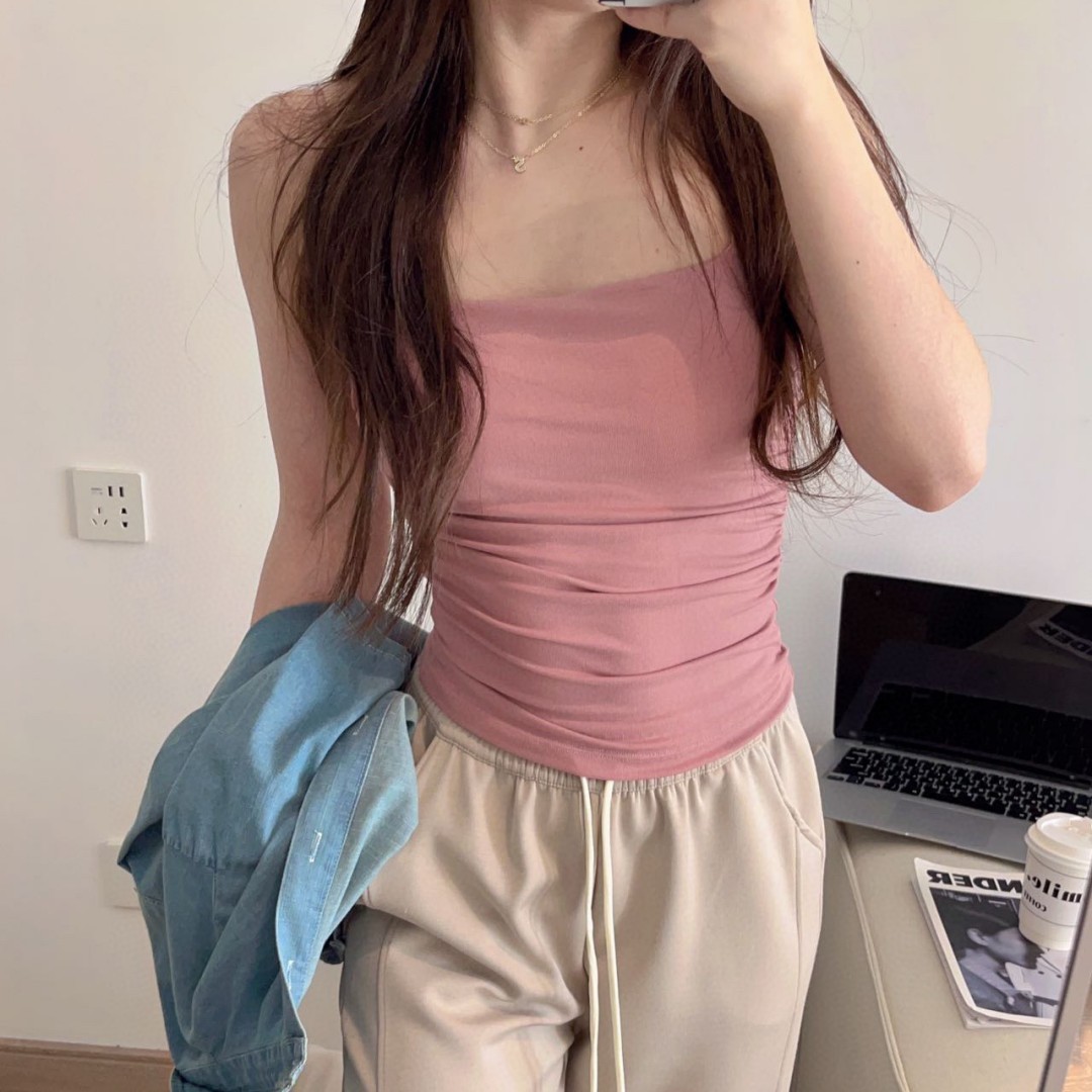 Korean Society All-match bra Thin Shoulder Small Sling New Style Chest Pad One-piece Strapless Slim-fit Pleated Bottoming Vest for Women