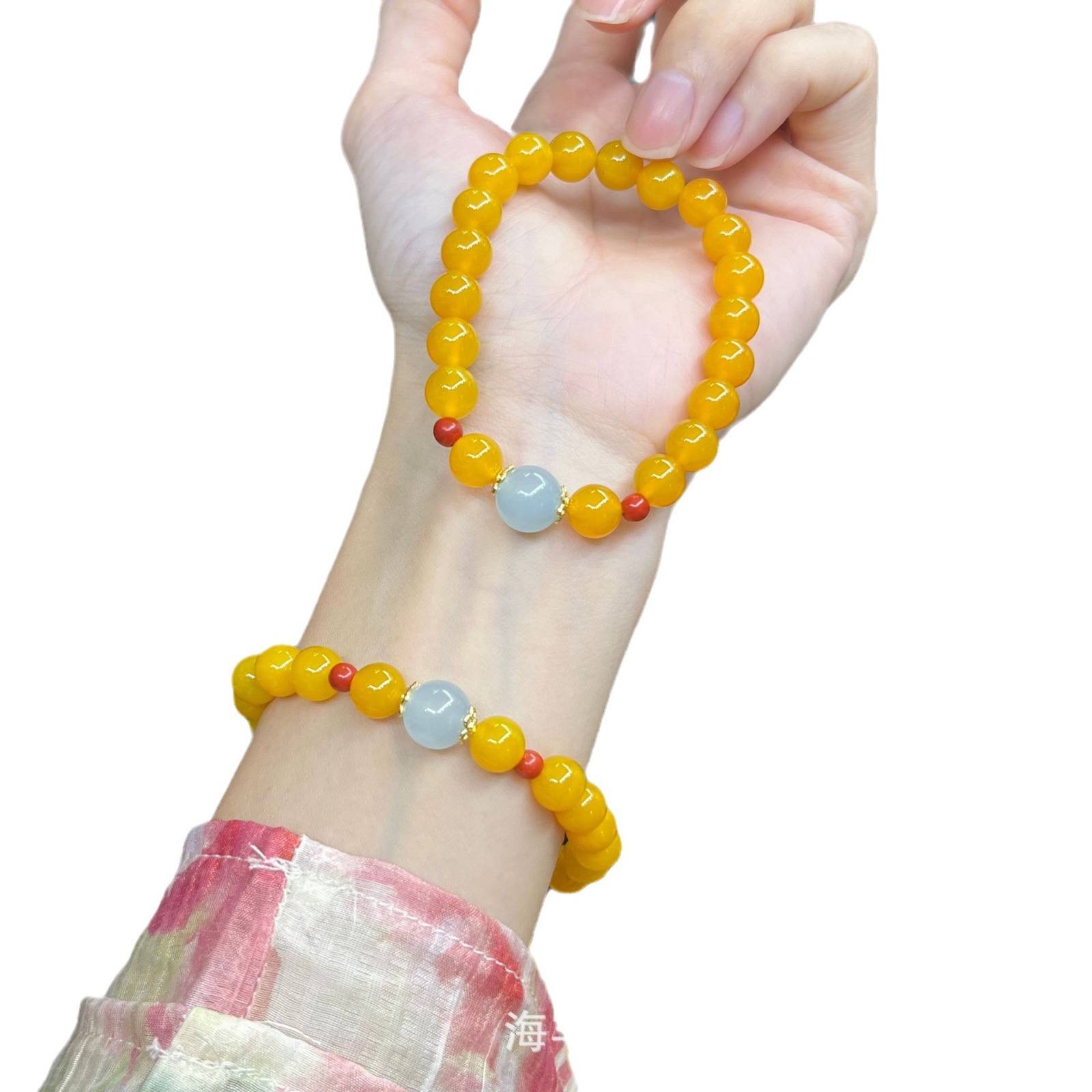 Natural Yellow Agate Chicken Oil Yellow Bracelet with Aquamaro South Red Bracelet Beeswax Factory Wholesale Live Explosions