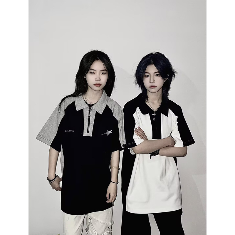 Американский стиль, рубашка с коротким рукавом, ретро, свободный комплект для пар, летняя футболка с патчами, поло, полурукав, модный бренд