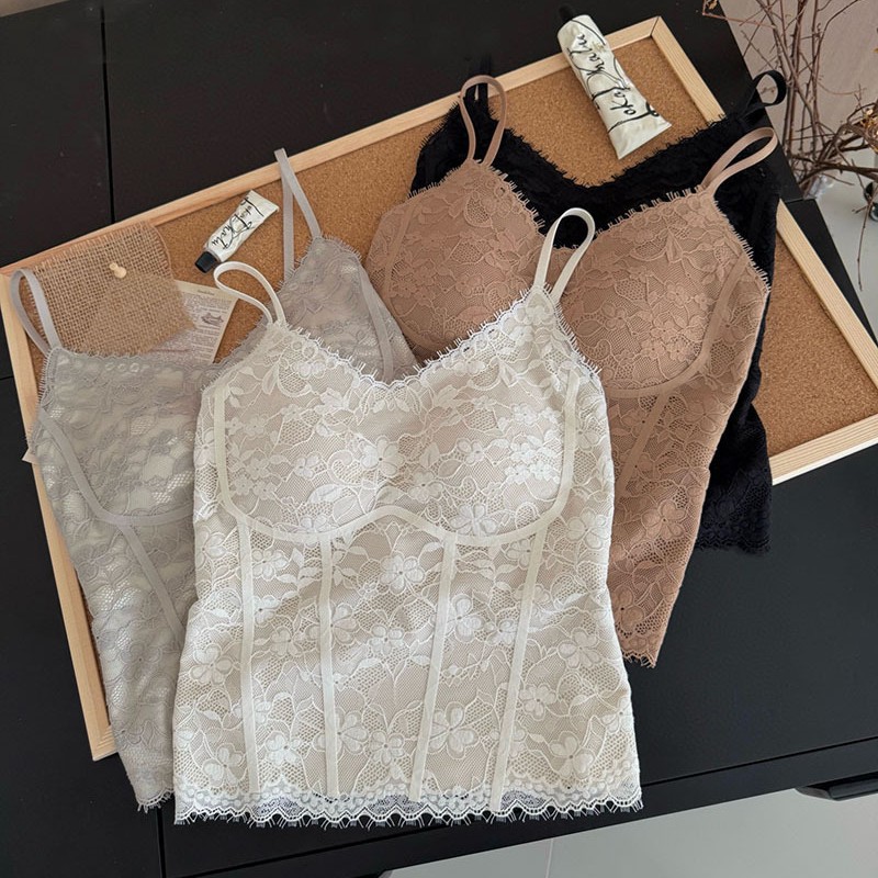 Pure Desire Retro Floral Vest Bra Belt Chest Pad Beautiful Back Underwear V-Neck Light Luxury Vest Line Lace Sling Cross-border
