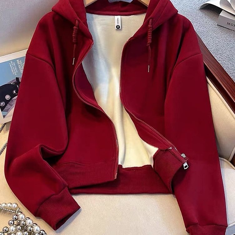 Короткий свитшот бордового цвета для женщин, с флисовой подкладкой и утолщенным капюшоном, отличный весенний кардиган для маленьких людей