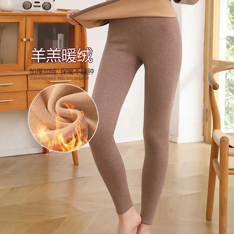 Women's Velvet Thermal Pants One-Piece Lamb Velvet Bottoming Mid-High Waist Cotton Wool Long Johns Large Size Wool Pants Winter Body Shaping