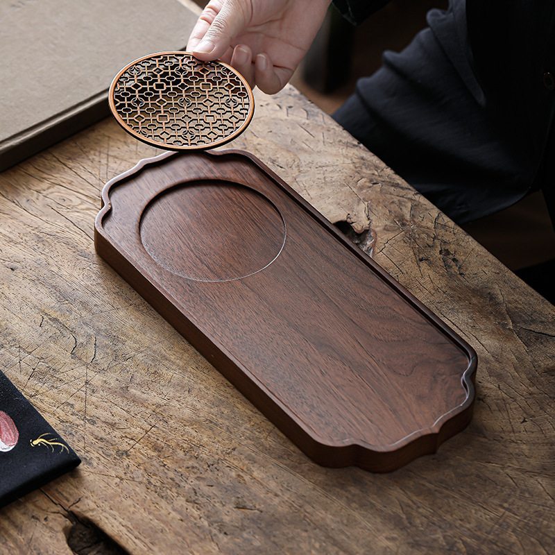 Black Walnut Wooden Tea Tray Household Small Solid Wood Tea Tray Pot Cushion High-end New Chinese-style Tea Set Pot Bearing Dry Brew Table
