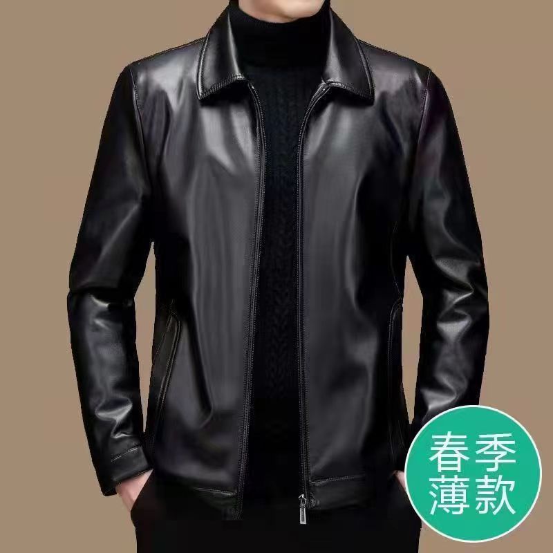 in stock Haining PU Soft Leather Men's Lapel Coat Winter fleece-lined Leather Jacket Casual Loose Dad Clothes