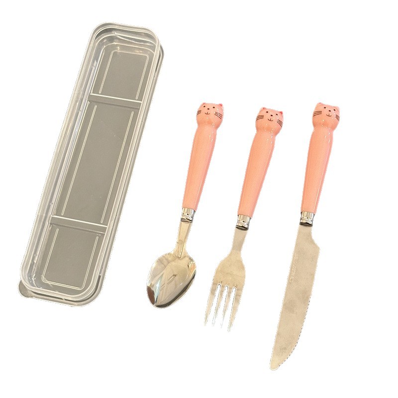 Creative Stainless Steel Portable Tableware Cartoon Imitation Ceramic Handle Stainless Steel Knife, Fork and Spoon Three-Piece Set Student Gift