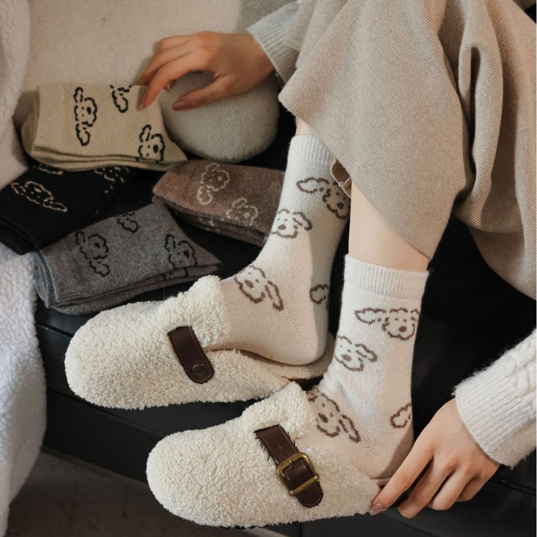 Wool Puppy Socks Autumn and Winter Thickened Warm Cute Ins Trendy with Birkenstock Shoes Japanese Cartoon Mid-Tube Socks