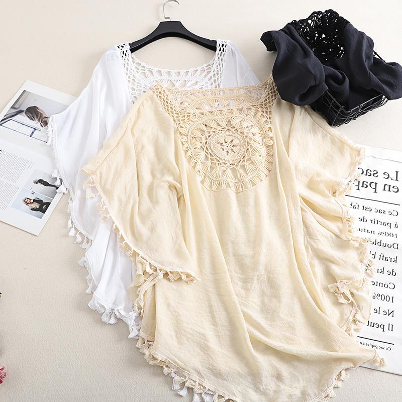 Cross-border new sexy off-the-shoulder hollow-out loose plus size tassel bikini ins style outdoor beach blouse top