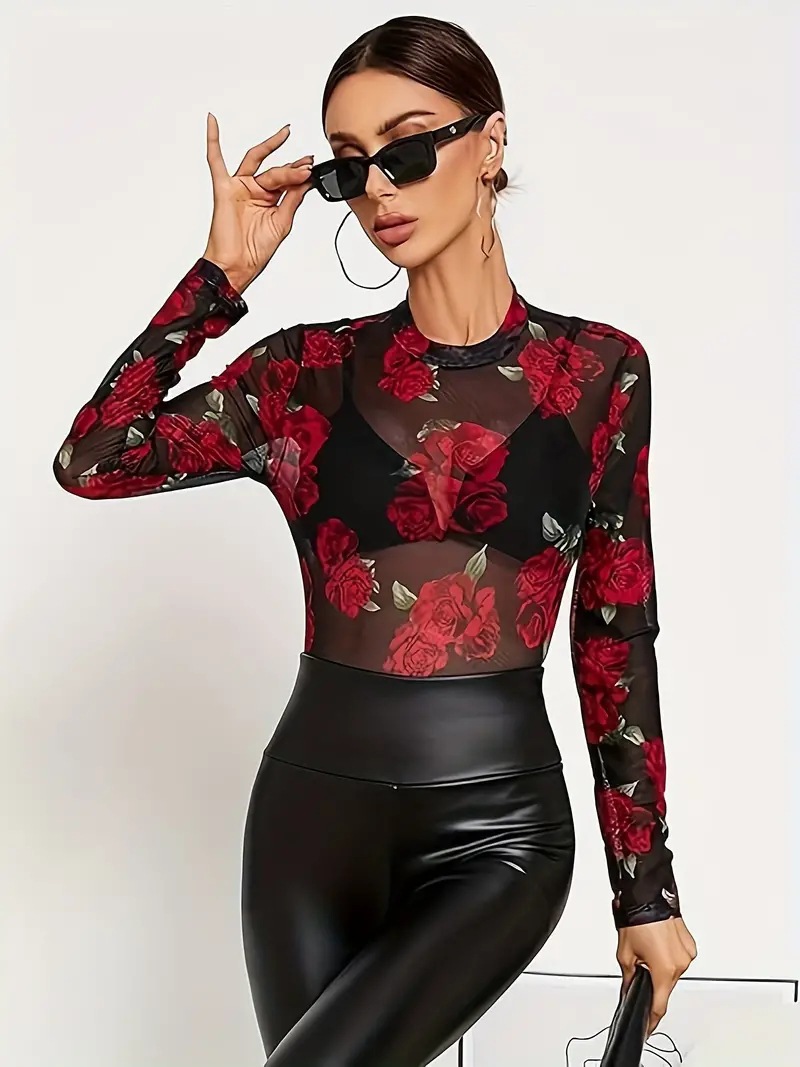 European and American Cross-Border Autumn and Winter New Elegant Rose Flower Print Small Stand-Up Collar Mesh Slim Top for Women