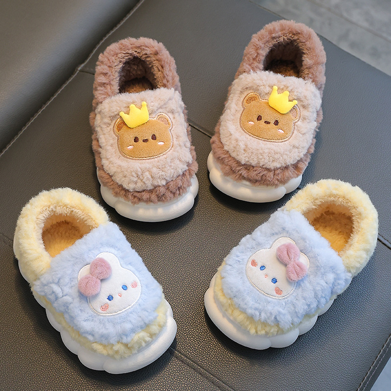 Children's cotton slippers winter bag heel boys and girls indoor non-slip plush shoes baby cute cartoon home parent-child shoes