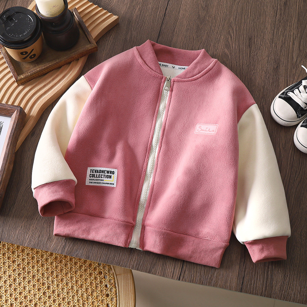 Korean style children's Olympic fleece jacket men's and women's medium and big children's spring and autumn winter long sleeve thickened warm stand collar outer wear top