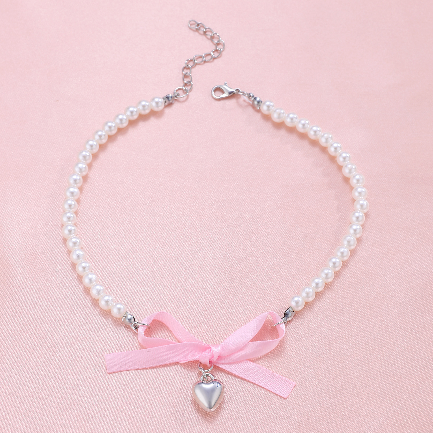Cross-border Hot-selling Export Jewelry European and American Fashion Versatile Pearl Heart Pink Bow Clavicle Chain Necklace
