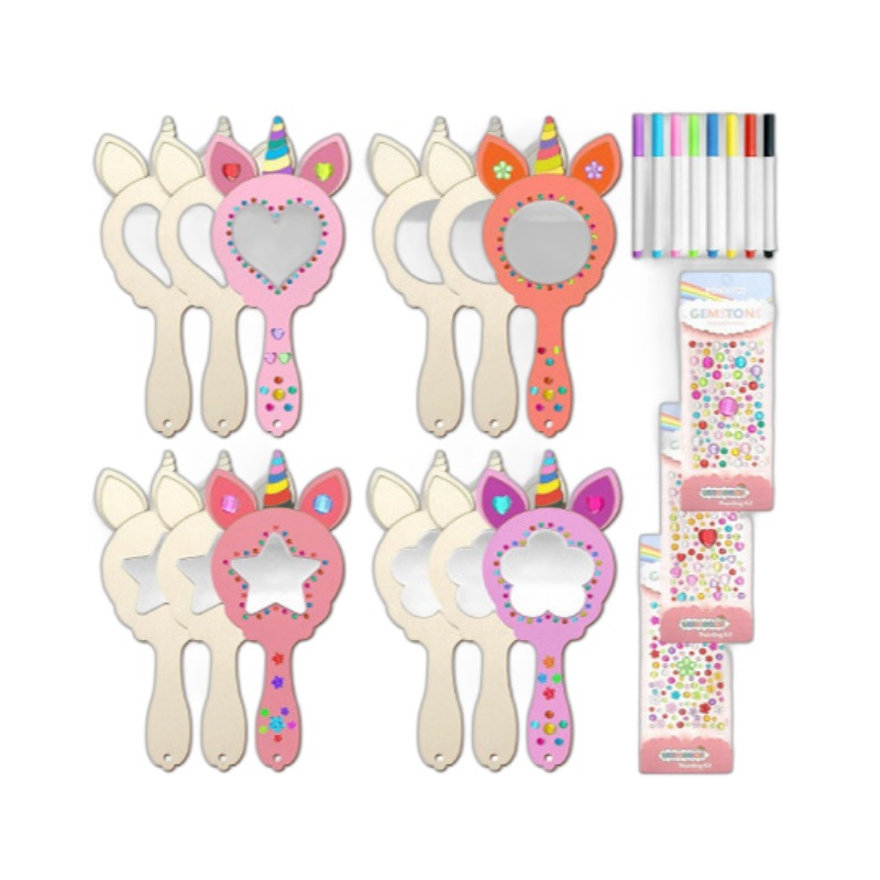 Cross-border Small Mirror Makeup Mirror Wooden White Billet DIY Pearl Snow Mud Color-painted Unicorn Mirror suit