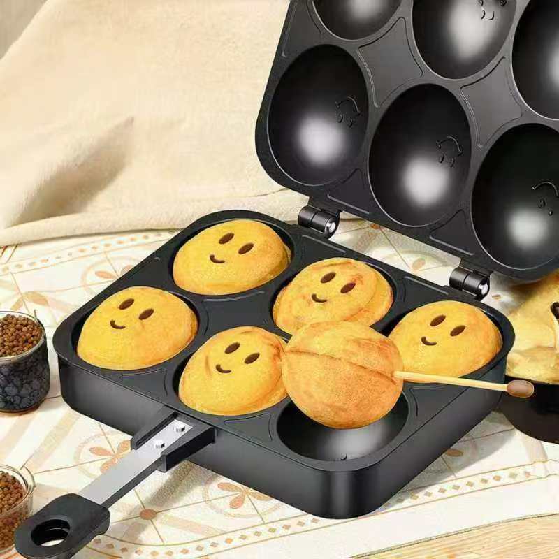 Smiley Face Egg Waffle Commercial Cake Mold Gas Griddle Egg Waffle Machine Hong Kong Style Egg Waffle Machine Double-Sided Six-Hole Non-Stick