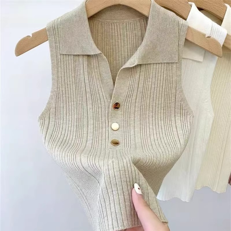 Ice Silk Lapel Top for Summer and Autumn, Thin Knit Polo Sleeveless Camisole Vest for Women, Slim Fit