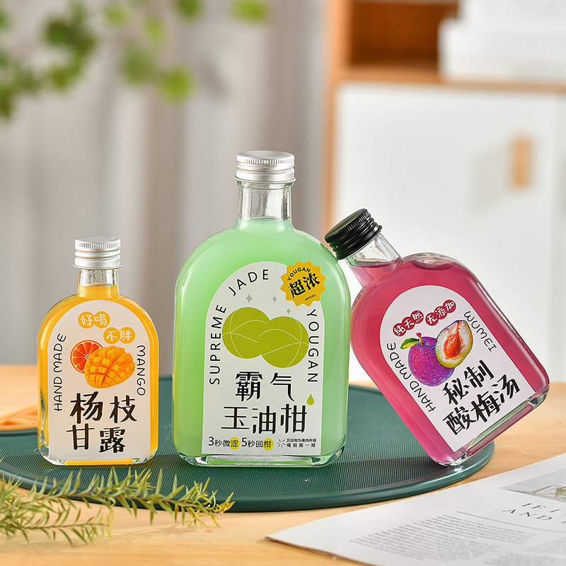 Customized Glass Beverage Bottles, Juice Milk Tea Coffee Cold Brew Bottles, Transparent Fruit Wine Small Bottles, Repackaged Flat Bottles