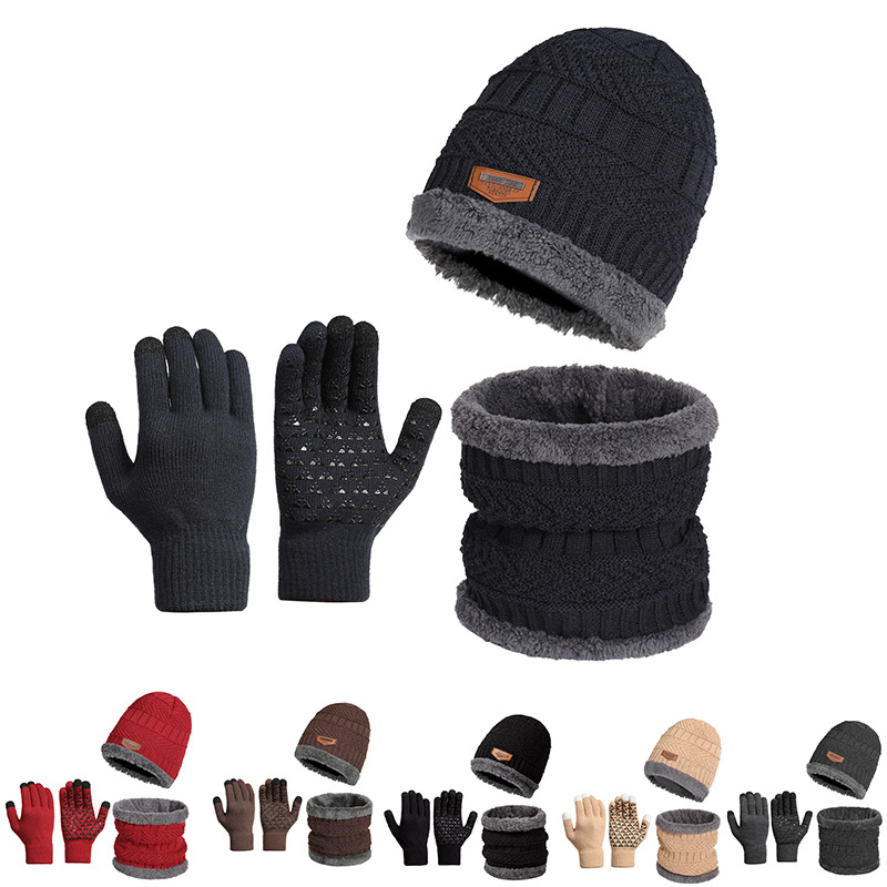 Вязаная шапка для мужчин, комплект из трех предметов: шапка, шарф, теплые перчатки с сенсорным экраном