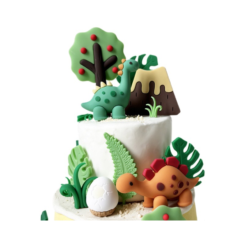 Soft Glue Baking Cake Decoration Ornaments Dinosaur Mori Leaf Fruit Tree Dinosaur Egg Grass Volcano Soft Glue Plug-in