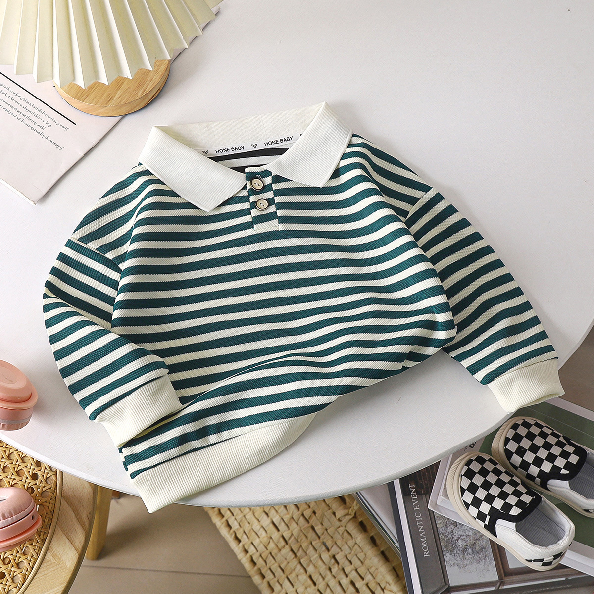 Children's long-sleeved striped polo shirt autumn and winter boys and girls western style shirt children's lapel bottoming shirt baby T-shirt