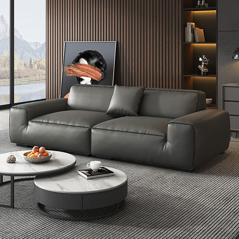 Italian Minimalist Black Cowhide Leather Sofa for Living Room, Black High-End Straight-Row First-Layer Cowhide Leather Art Sofa Set