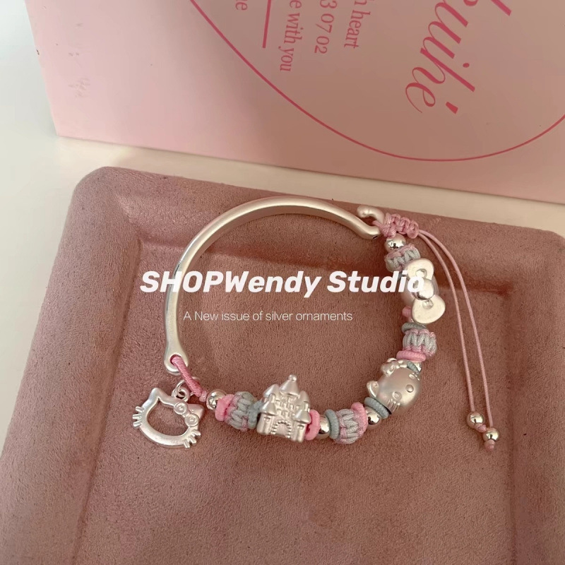 Shop Wendy |   Silver 99 Cute Cartoon Kitty Castle Bow Braided Rope Bracelet Adjustable Tymy