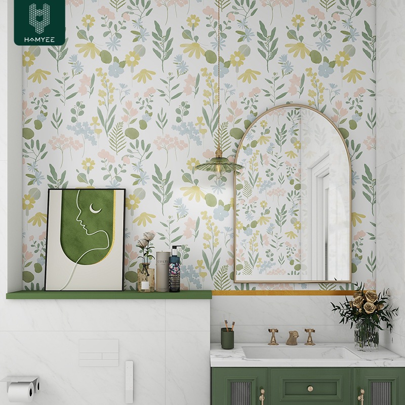 Dormitory stickers wardrobe ugly flower green plant wallpaper self-adhesive hotel bedroom wallpaper thickened waterproof wall cloth self-adhesive