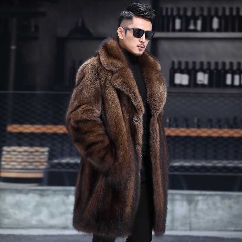 Haining Mink Fur Coat Men's Autumn and Winter New Thickened Long Deerskin Men's Faux Fur Casual Coat