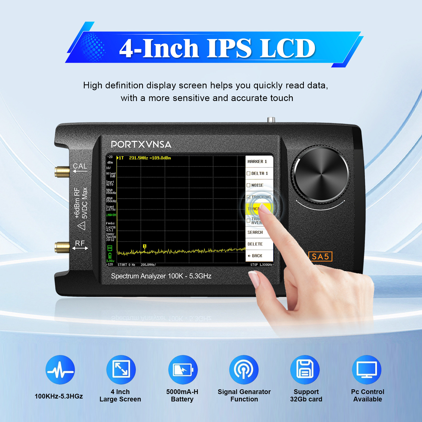 4 inch IPS LCD SA5 multi-function handheld spectrum analyzer 100k-5.3GHz signal generator
