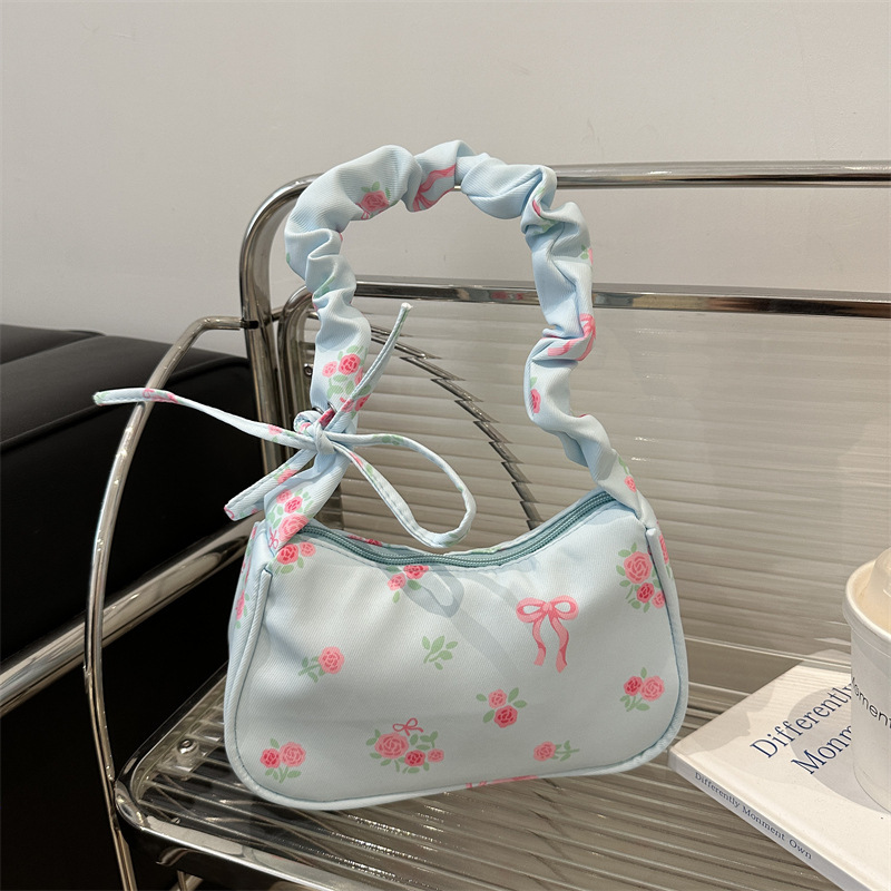 Gentle Sweet Flower Canvas Bag Women's 2025 New Drawstring Shoulder Bag High-value Floral Bow Underarm Bag