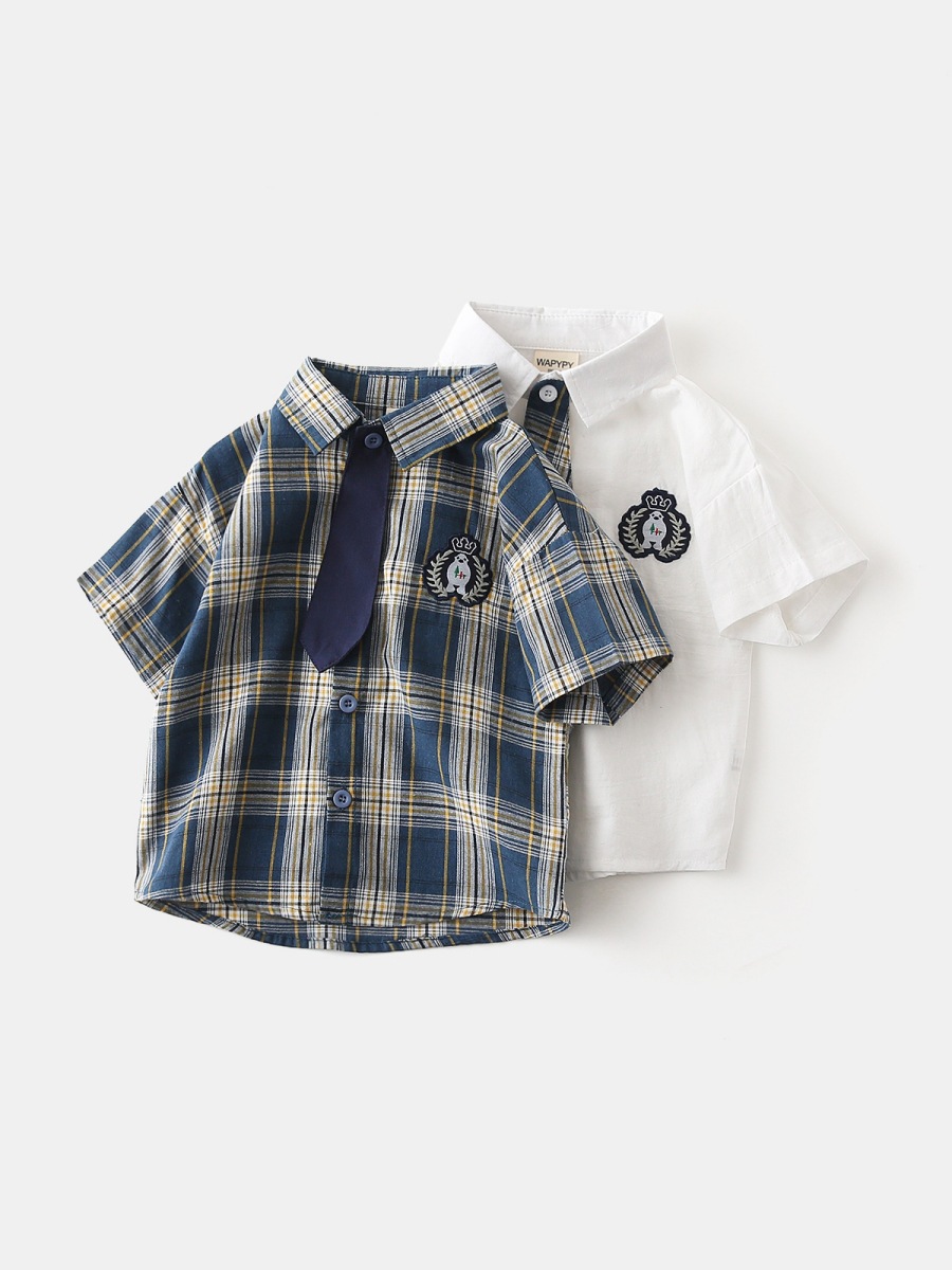 летняя детская одежда оптом мальчиковая рубашка с коротким рукавом клетчатая рубашка для детей белая маленькая рубашка
