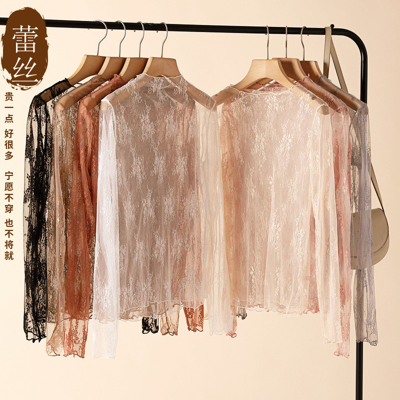 2020 осень и зима кружевная базовая рубашка, женский длинный рукав, полукруглый воротник с полупрозрачным шифоном, сексуальный сетчатый топ в западном стиле