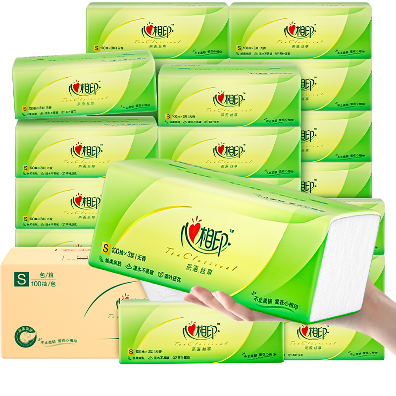 Heart-To-Heart Tissue Paper Tea Tissue Paper Three-Layer 100 Pieces Household Napkin Facial Tissue Large Pack Tissue Paper Factory Batch