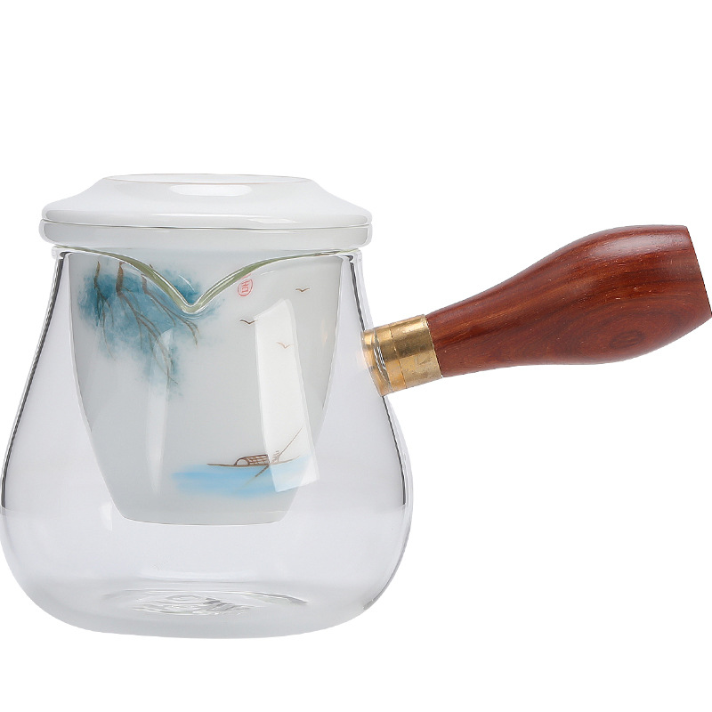 Hand-Painted Tea Water Separation Teapot Wooden Handle Side Handle Heat-Resistant Glass Teapot Ceramic Filter Liner Office Home