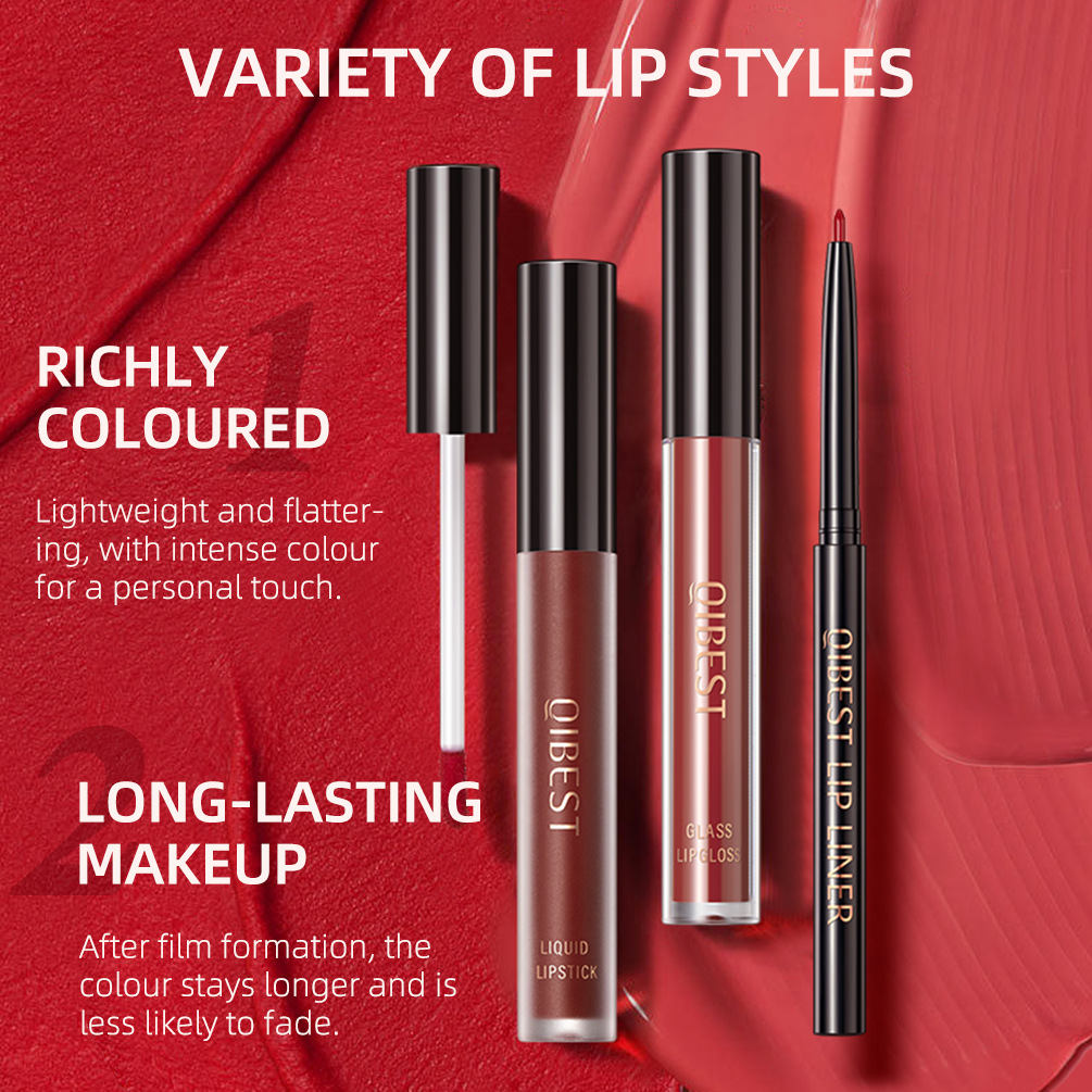 Qibest Cross-Border Non-Stick Cup Non-Fading Lip Glaze Matte Matte Moisturizing Lip Liner Set Three-In-One Makeup