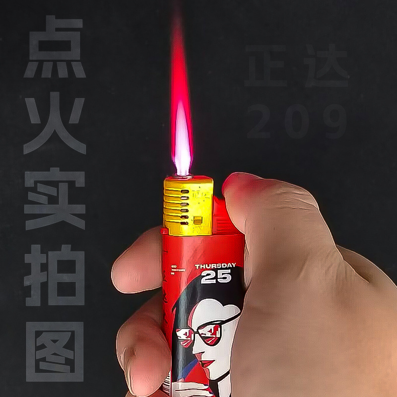 Factory Zhengda 209 Plastic Thickened Body Wrapping Paper Pattern Windproof Red Flame Electronic Lighter Gold Head Hood Factory