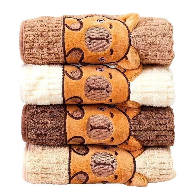 Towel and Bath Towel Set, Two-Piece Set, Cute Capybara Face Wash, Household Cartoon Bathing, Beach Coral Velvet
