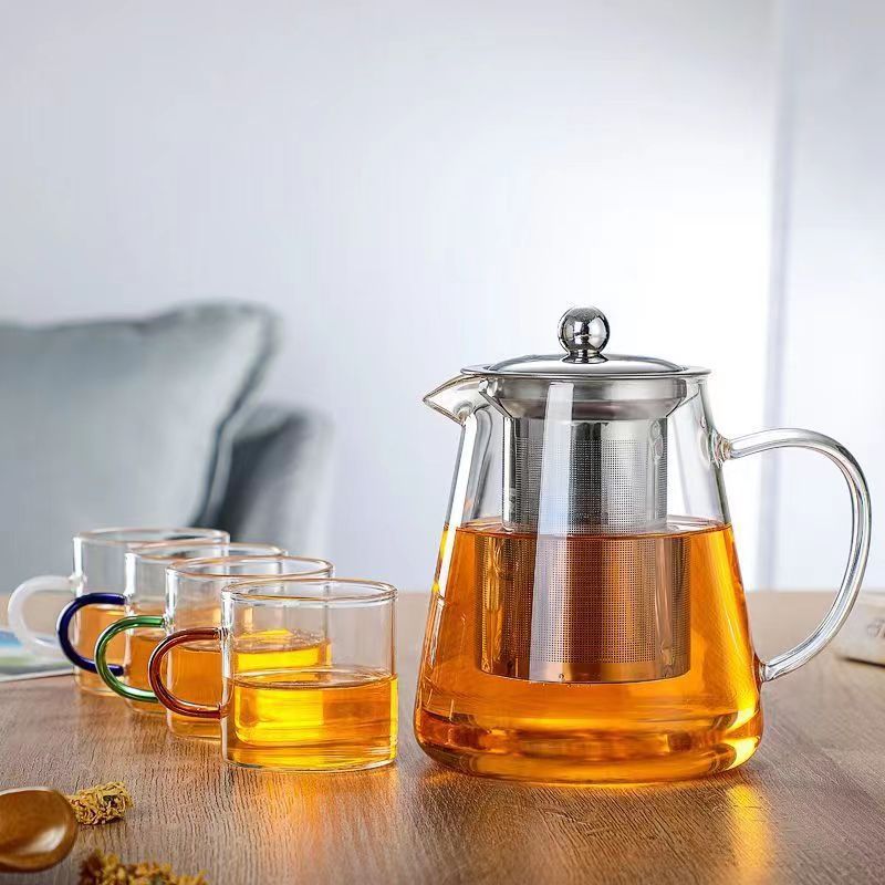 Heat-Resistant Glass Teapot with Stainless Steel Filter, Flower Tea Pot with Handle, Household Heatable Tea Maker, Complete Set of Water Utensils